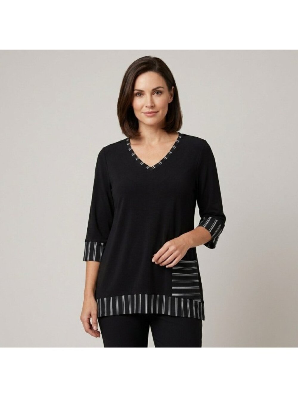 Sympli Tunic Top Womens 10 Black White Stripe Trim V-Neck 3/4 Sleeve Jersey